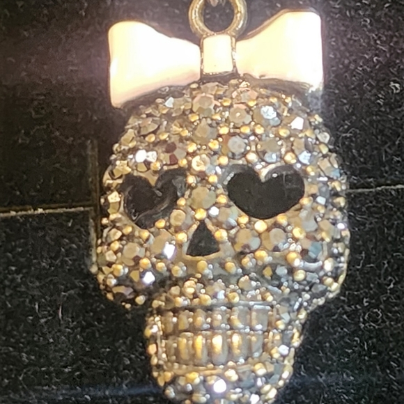 Betsey Johnson Jewelry - Necklace And Pendant Betsey Johnson Black Skull Rhinestone Bling with Pink Bow